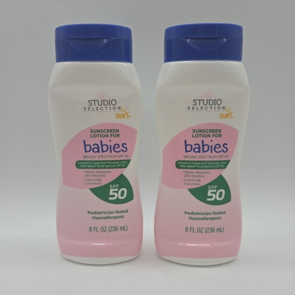 NEW Lot of 2 Studio Selection SPF 50 Sunscreen Lotion For Babies Exp 11/26 8oz